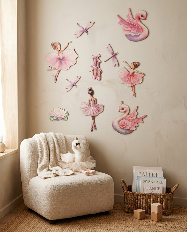 Ballerina Wooden Wall Art Set — in a reading nook