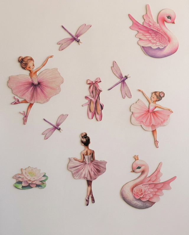 Ballerina wooden wall art set arranged as center stage — Ballerinas and swans mid-performance, the full scene above the crib.