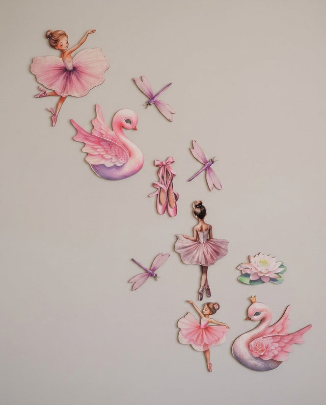 Ballerina wooden wall art set arranged as a quiet pond — Swans and lilies clustered for a gentle corner.