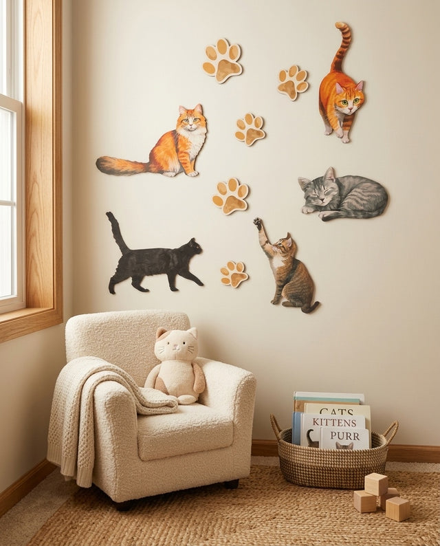 Cats Wooden Wall Art Set — in a reading nook