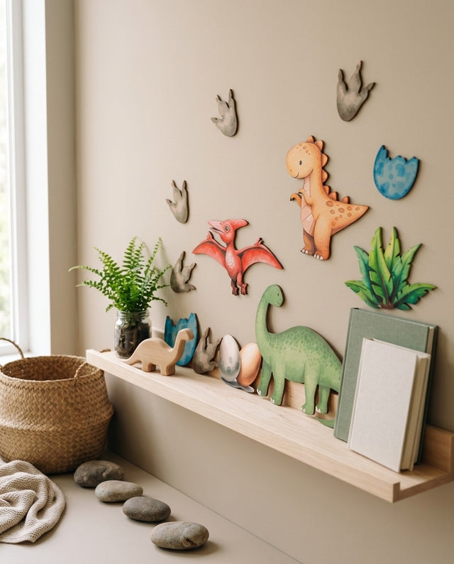 Dinosaur Wooden Wall Art Set — along a shelf or dresser