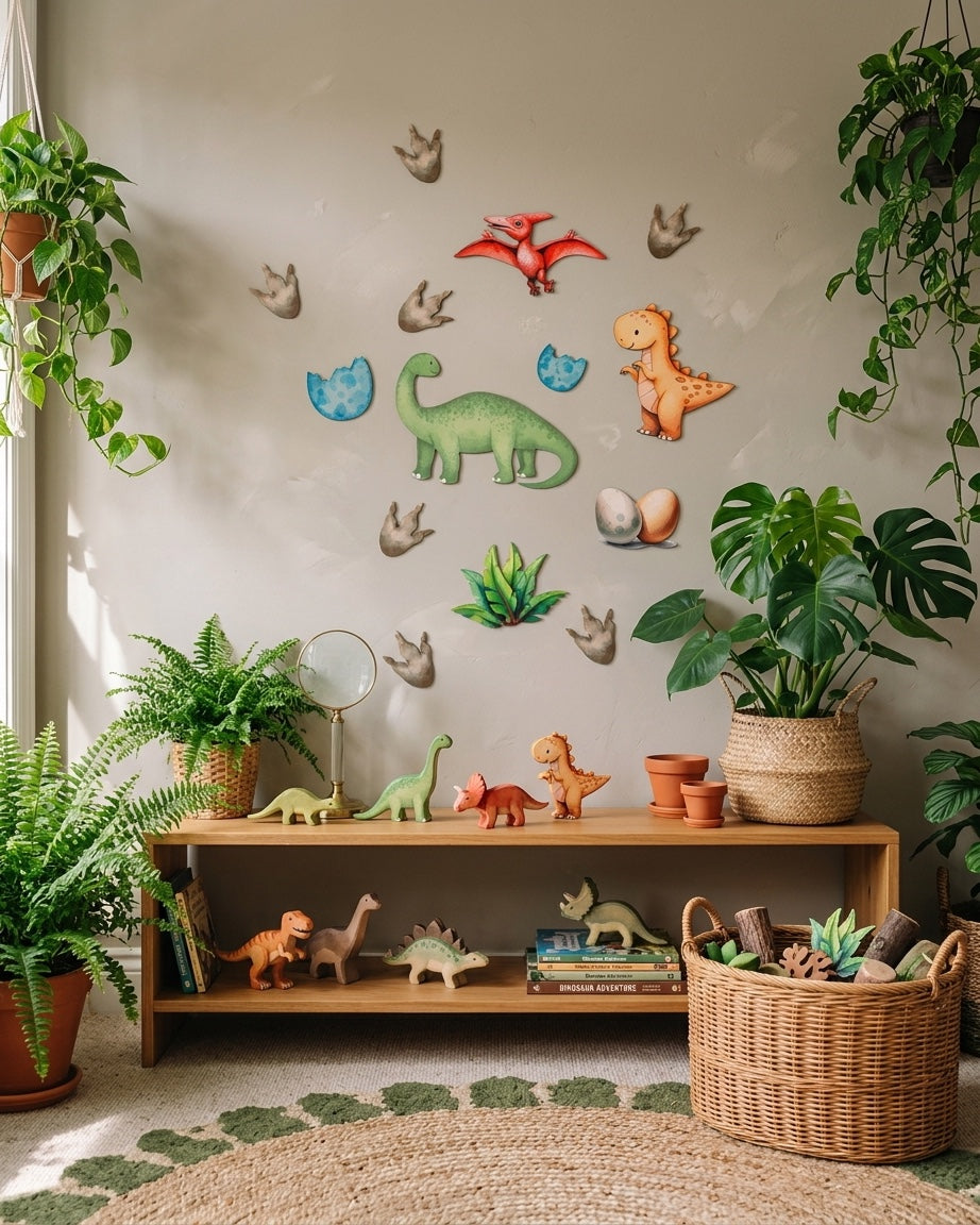 Dinosaur wooden wall art set in a jungle-themed explorer play corner with wooden toy dinosaurs and ferns