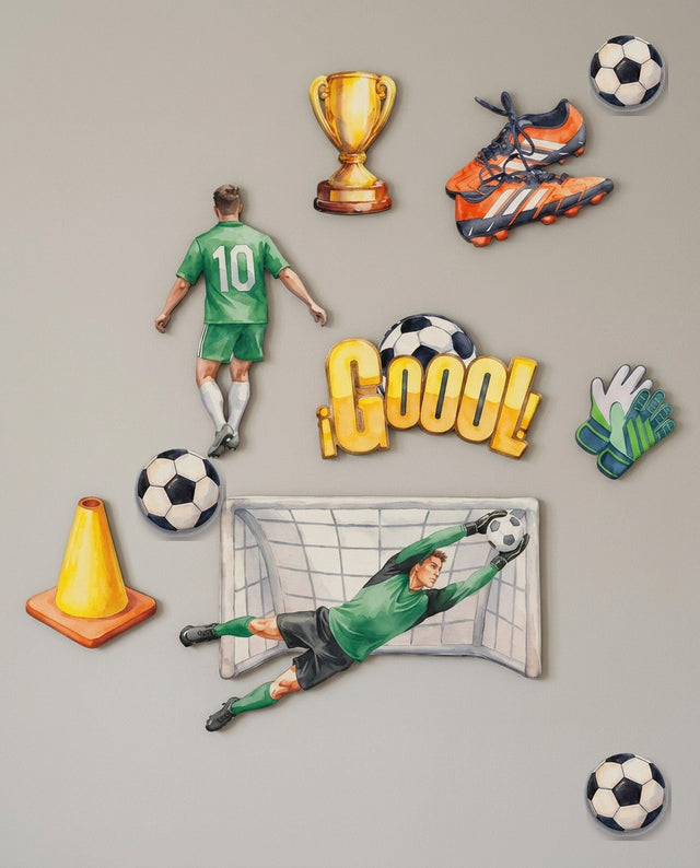 Football wooden wall art set arranged as match day — The full pitch scene — goal, player, and the winning "GOOOL!" moment.