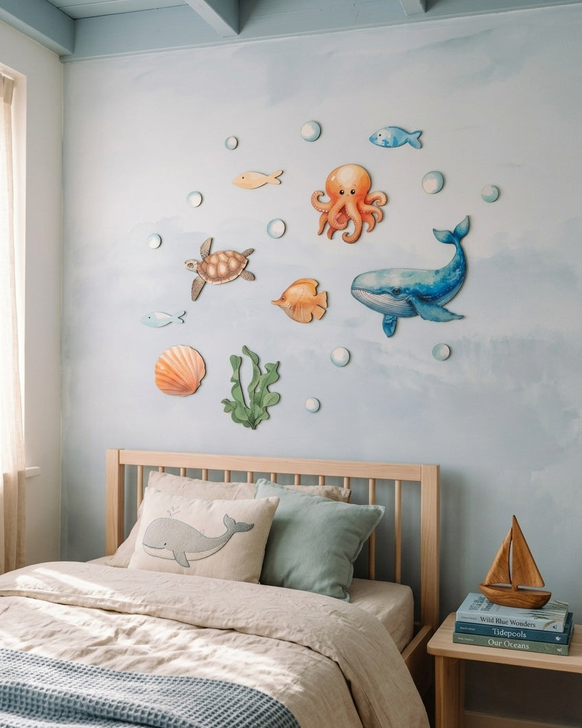 Ocean wooden wall art set in a child's coastal bedroom