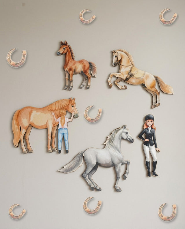 Horses wooden wall art set arranged as at full gallop — Horses mid-jump and mid-stride, horseshoes trailing like hoofprints.