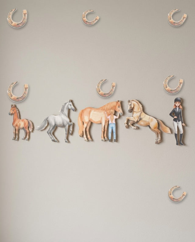 Horses wooden wall art set arranged as along the stable — The herd lined up on a shelf, like stalls in a row.