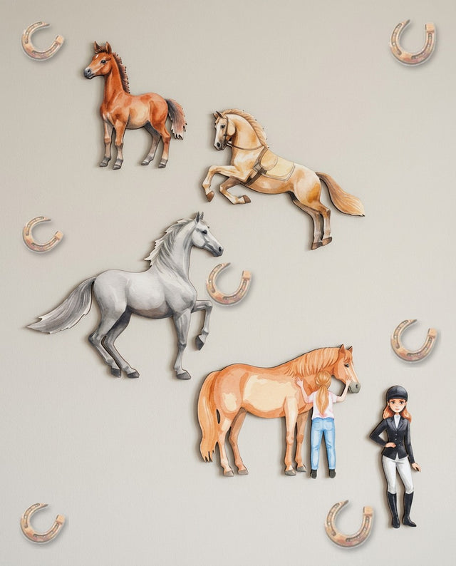 Horses wooden wall art set arranged as the foal's corner — A gentle cluster for a quiet corner of the room.