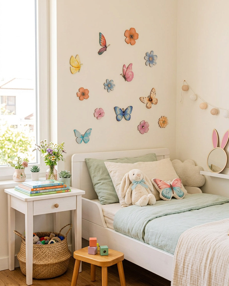 Meadow butterflies and flowers wooden wall art set above a bed in a young child's spring bedroom