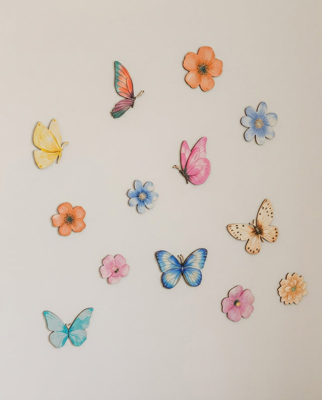 Meadow wooden wall art set arranged as in full bloom — Flowers and butterflies scattered wide, as if caught mid-flutter.