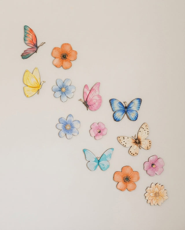 Meadow wooden wall art set arranged as a quiet patch — A small cluster tucked into a cosy corner.