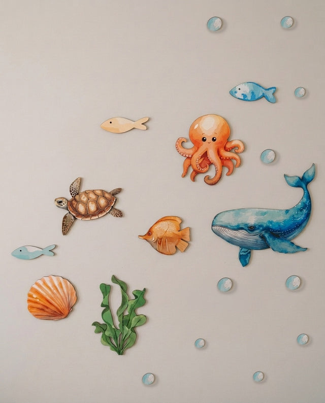 Ocean wooden wall art set arranged as deep dive — The full underwater scene, bubbles trailing up toward the surface.