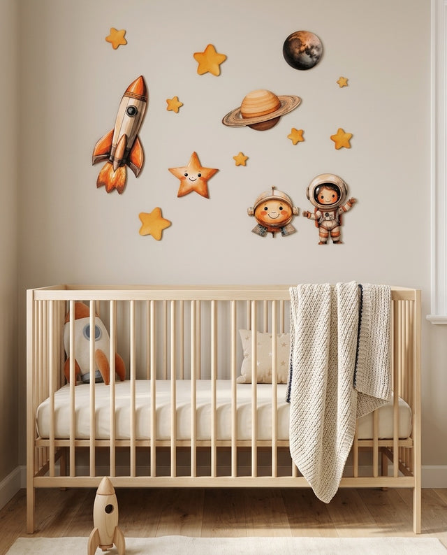 Space Wooden Wall Art Set — over the cot