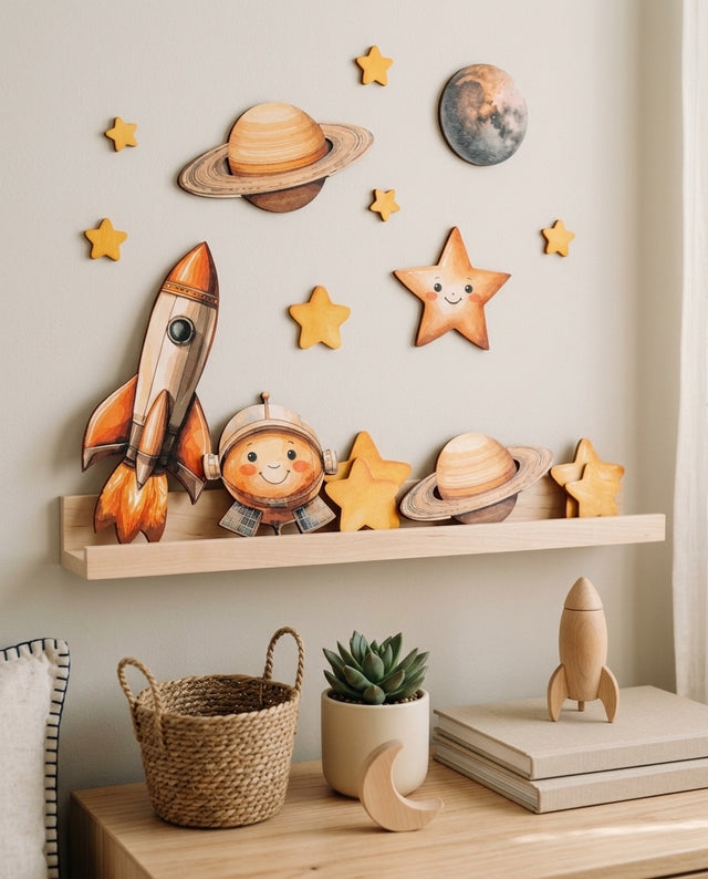 Space Wooden Wall Art Set — along a shelf or dresser