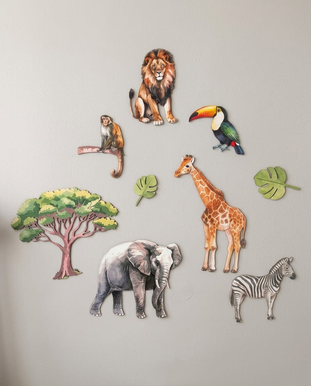 Safari wooden wall art set arranged as on the savanna — The full scene gathered beneath the tree — monkey, lion and friends, all in one view.