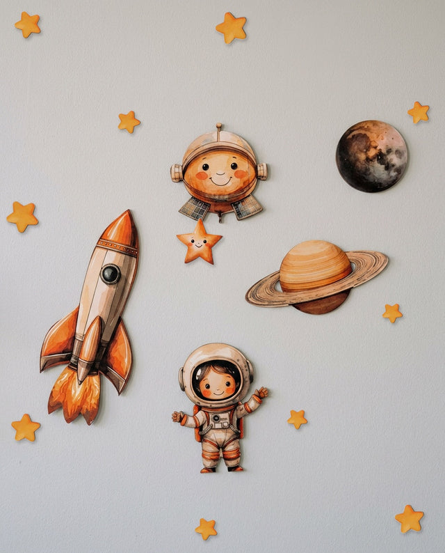 Space wooden wall art set arranged as blast-off — A rocket climbing past a trail of stars — the moment right before launch.