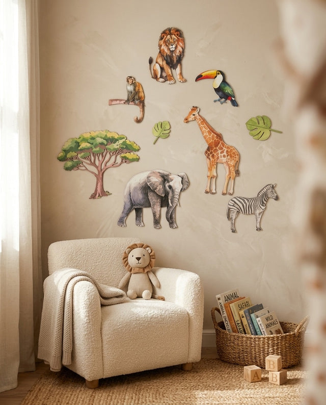 Safari Wooden Wall Art Set — in a reading nook