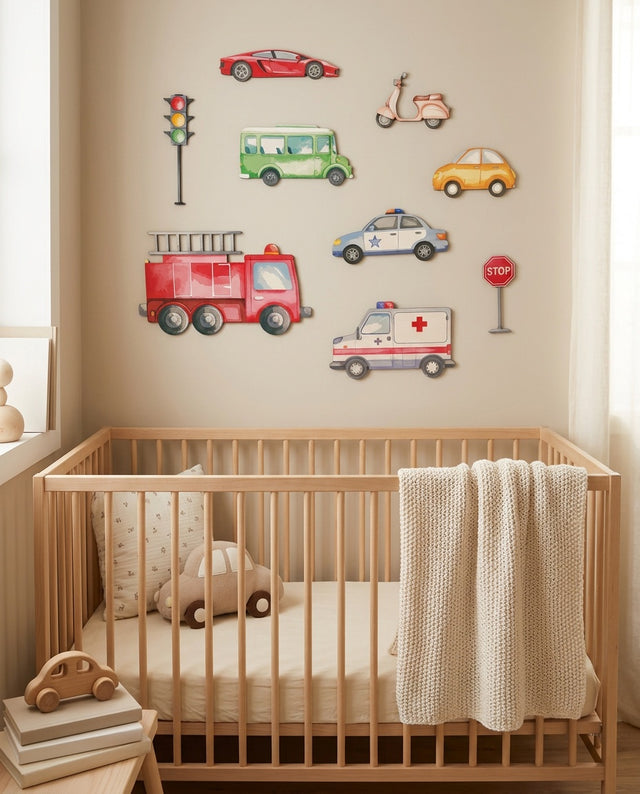 Vehicles Wooden Wall Art Set — over the cot