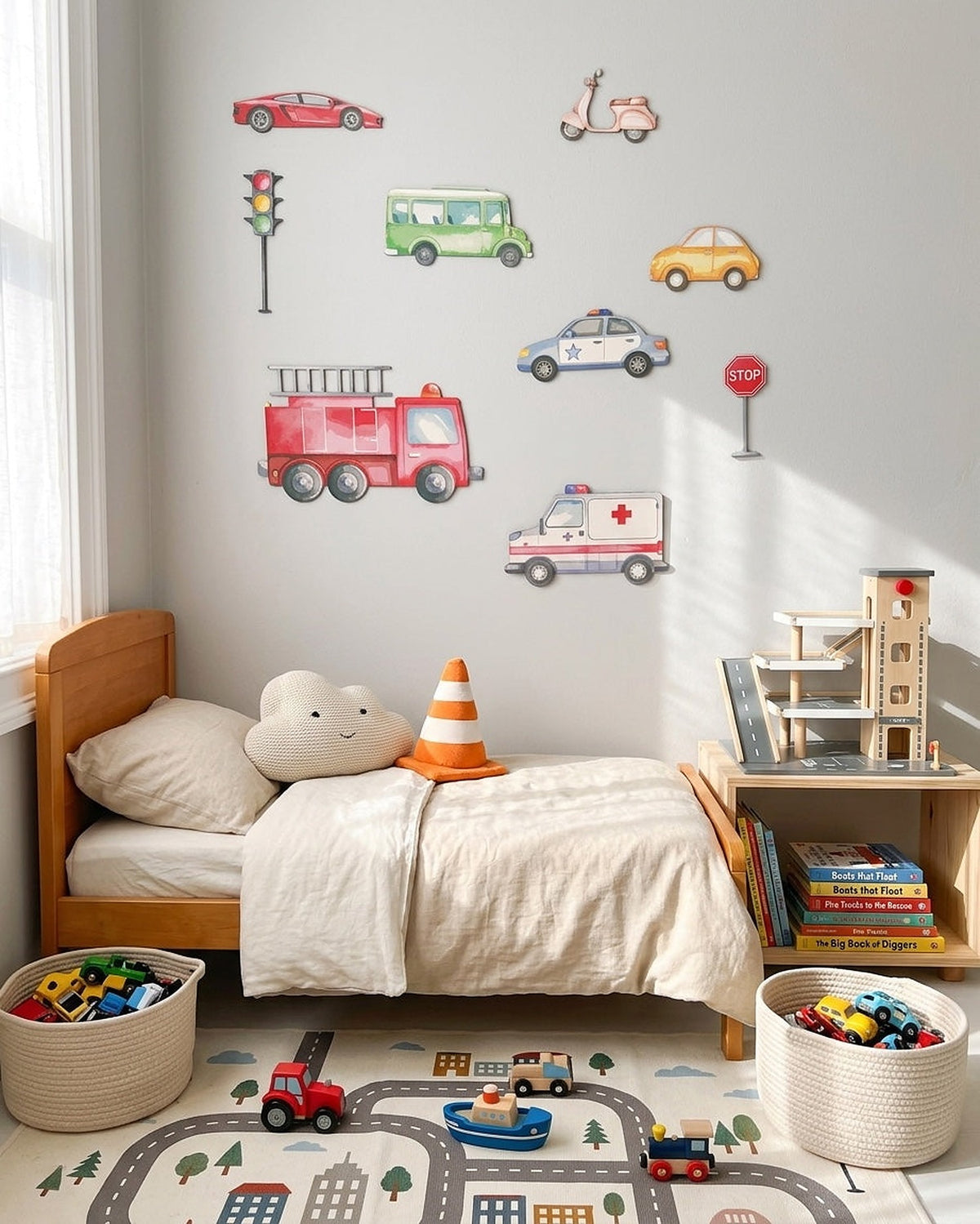 Vehicles wooden wall art set above a bed in a young child's car-themed bedroom with a road play mat and toy cars