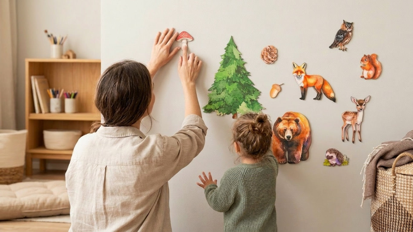 Arranging wooden wall art on a wall