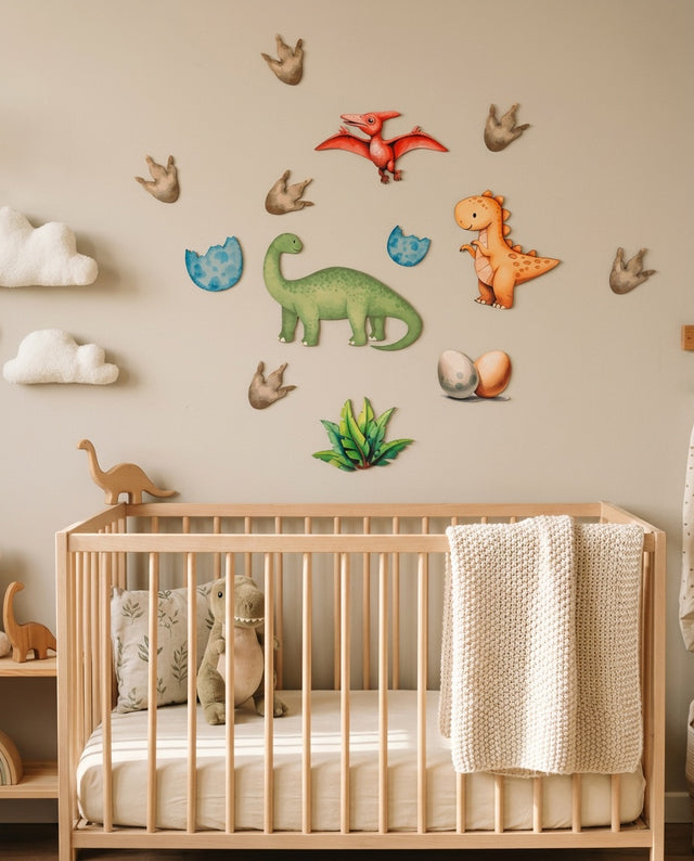 Dinosaur Wooden Wall Art Set — over the cot