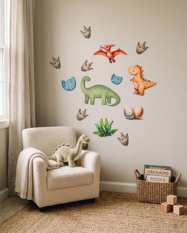 Dinosaur Wooden Wall Art Set — in a reading nook