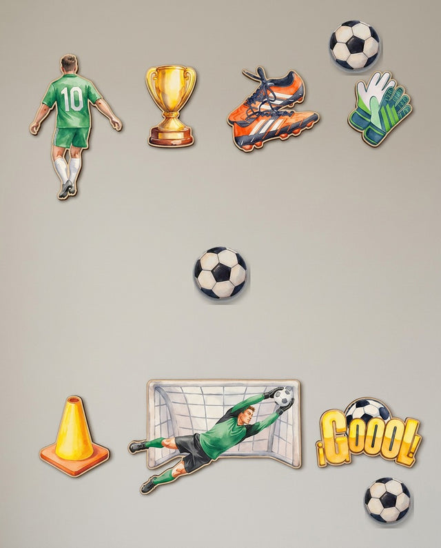 Football wooden wall art set arranged as on the bench — Boots, trophy and gear lined along a shelf like a kit bag.