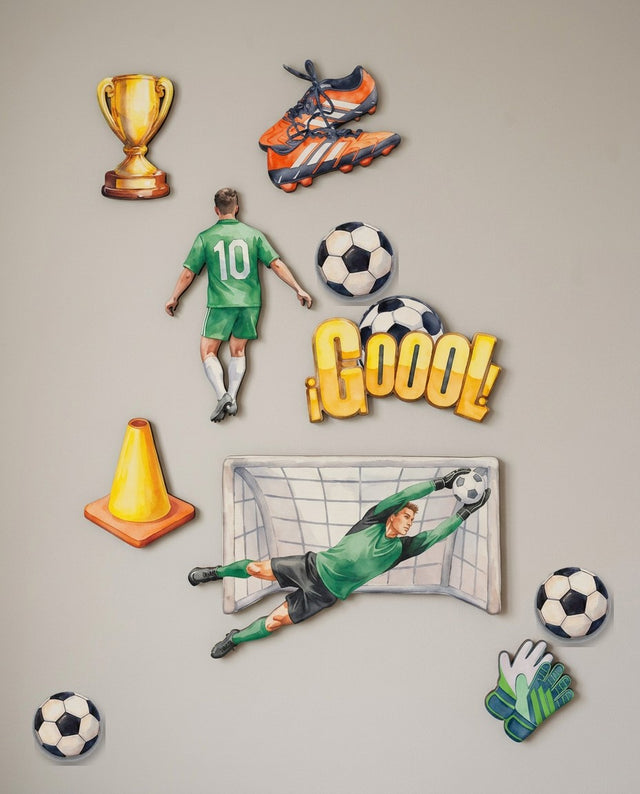 Football wooden wall art set arranged as warm-up corner — A smaller huddle of balls and cones for a cosy training nook.