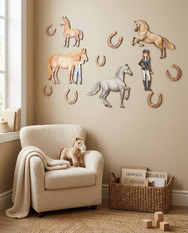 Horses Wooden Wall Art Set — in a reading nook