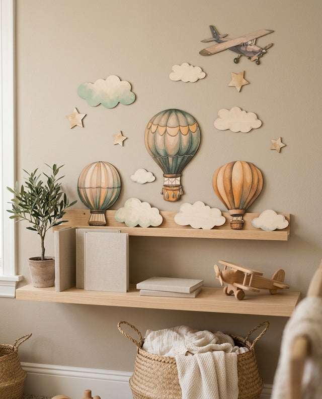 Hot Air Balloon Wooden Wall Art Set — along a shelf or dresser