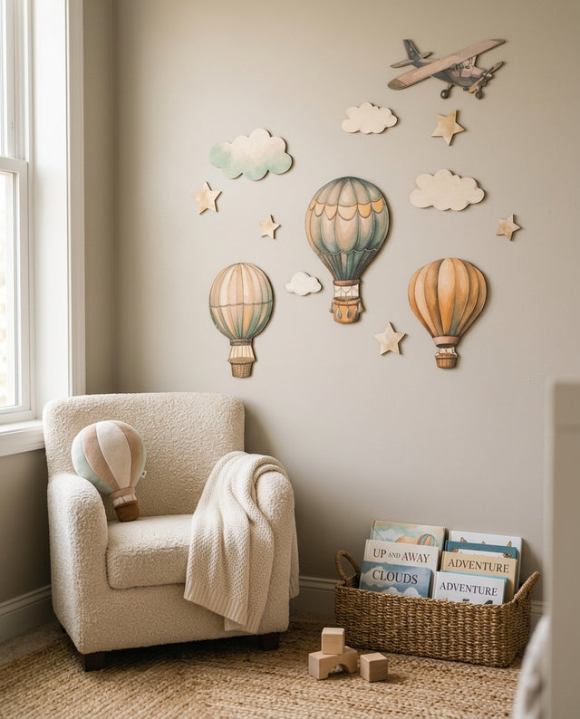 Hot Air Balloon Wooden Wall Art Set — in a reading nook