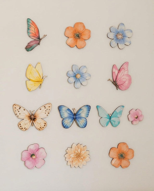 Meadow wooden wall art set arranged as along the border — A neat row of blooms across a shelf or ledge.