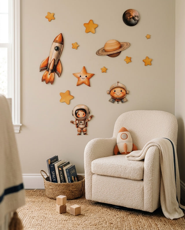 Space Wooden Wall Art Set — in a reading nook