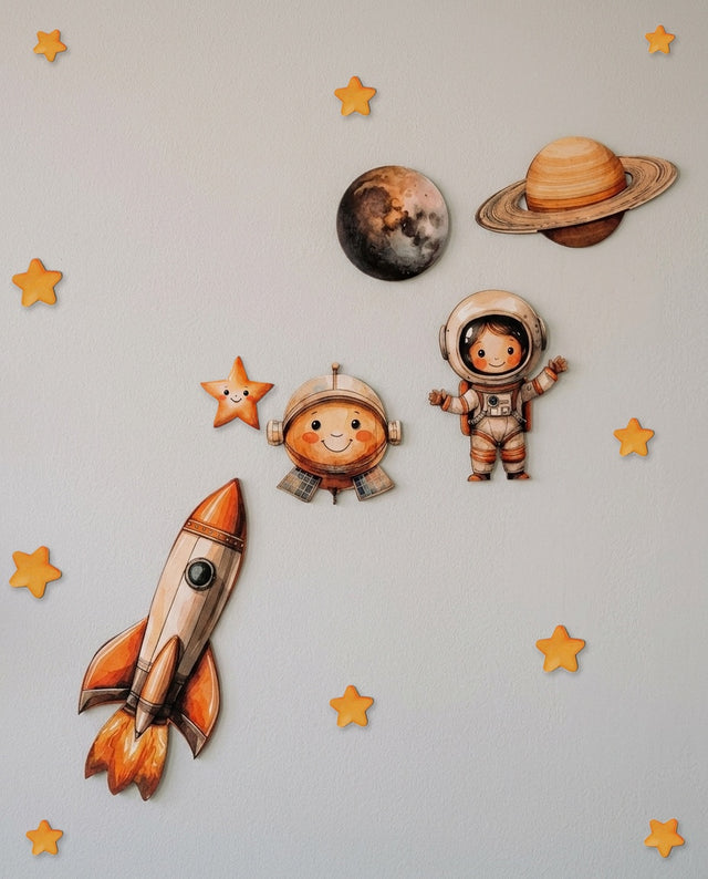 Space wooden wall art set arranged as the full scene — Every piece brought together in one complete arrangement — the whole set at once.