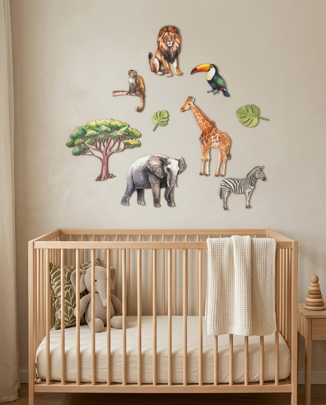 Safari Wooden Wall Art Set — over the cot