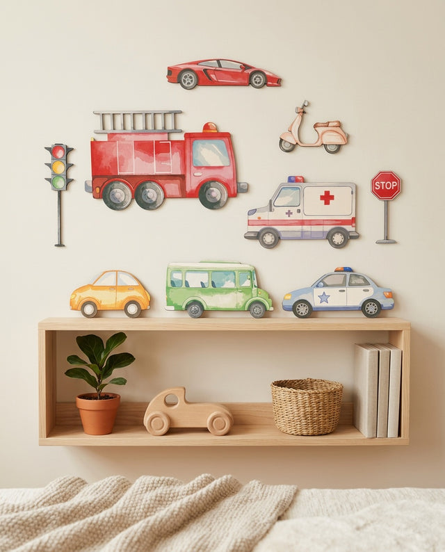 Vehicles Wooden Wall Art Set — along a shelf or dresser
