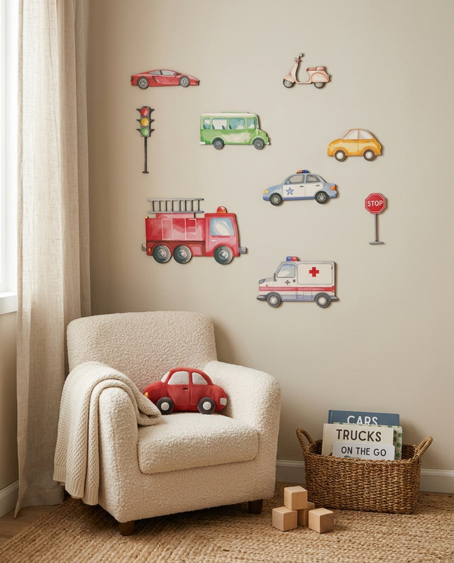 Vehicles Wooden Wall Art Set — in a reading nook