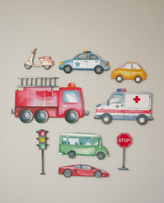 Vehicles wooden wall art set arranged as rush hour — The full convoy racing across the wall, sirens and all.