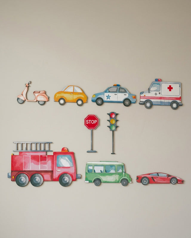 Vehicles wooden wall art set arranged as parked up — Vehicles lined along a shelf like a toy garage row.