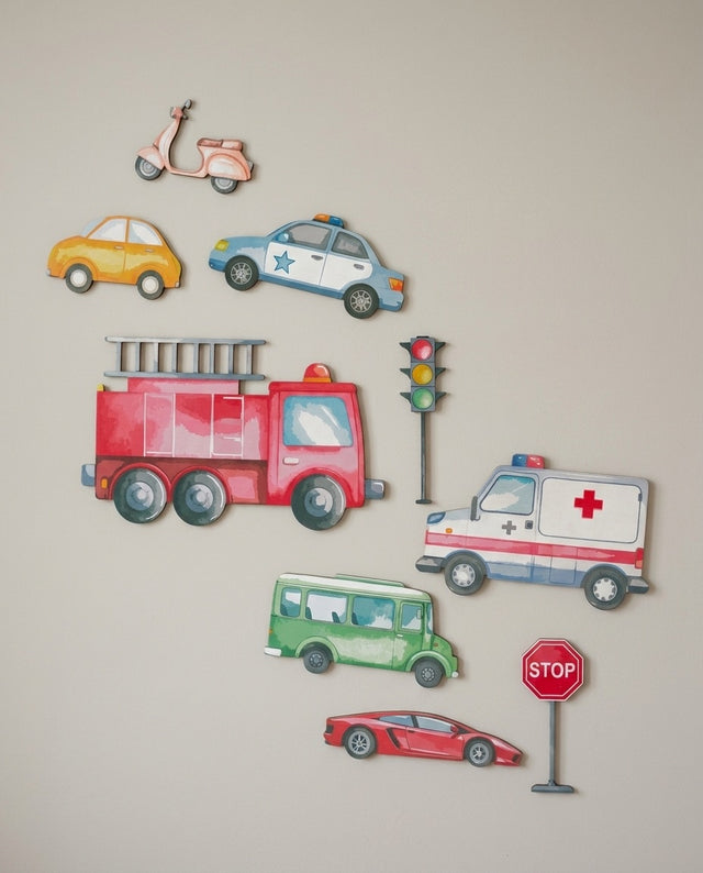 Vehicles wooden wall art set arranged as corner garage — A small huddle of cars for a pint-sized parking nook.