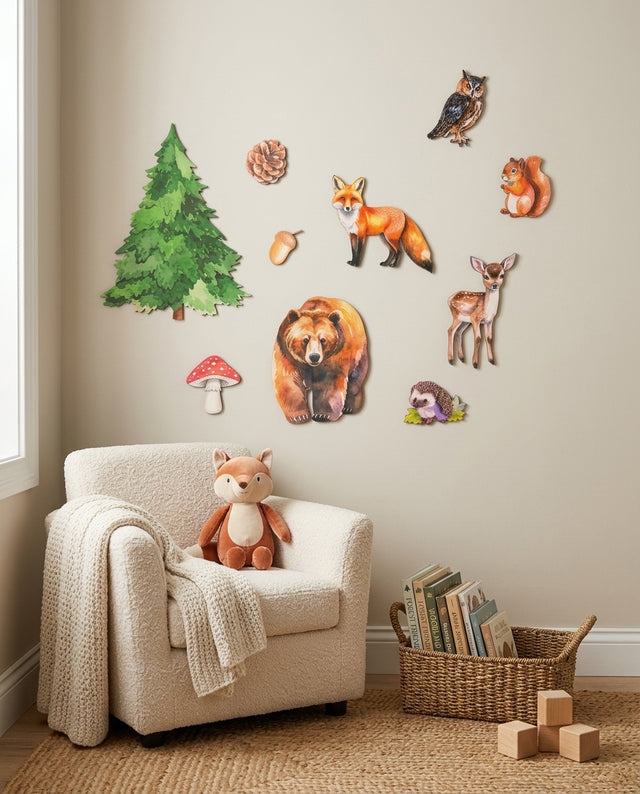 Woodland Wooden Wall Art Set — in a reading nook