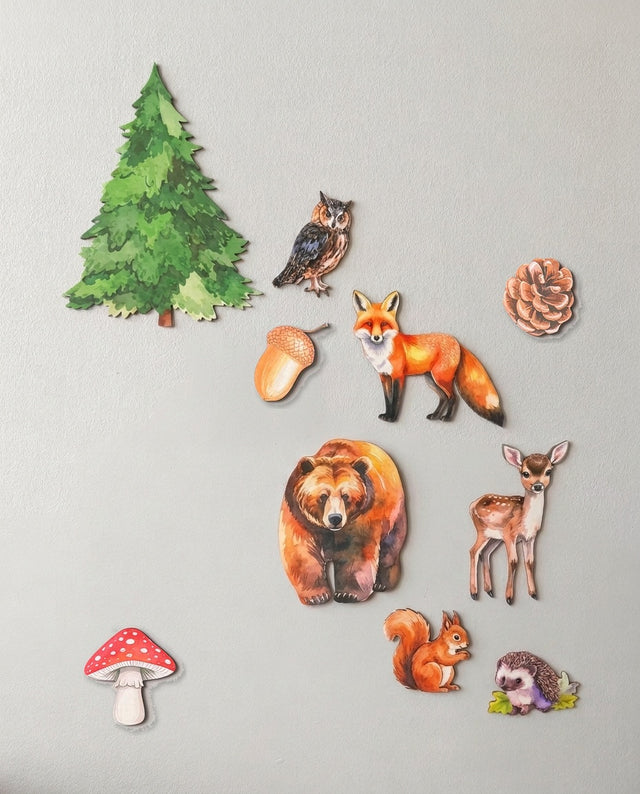 Woodland wooden wall art set arranged as under the toadstool — A small cluster tucked into a cosy corner.