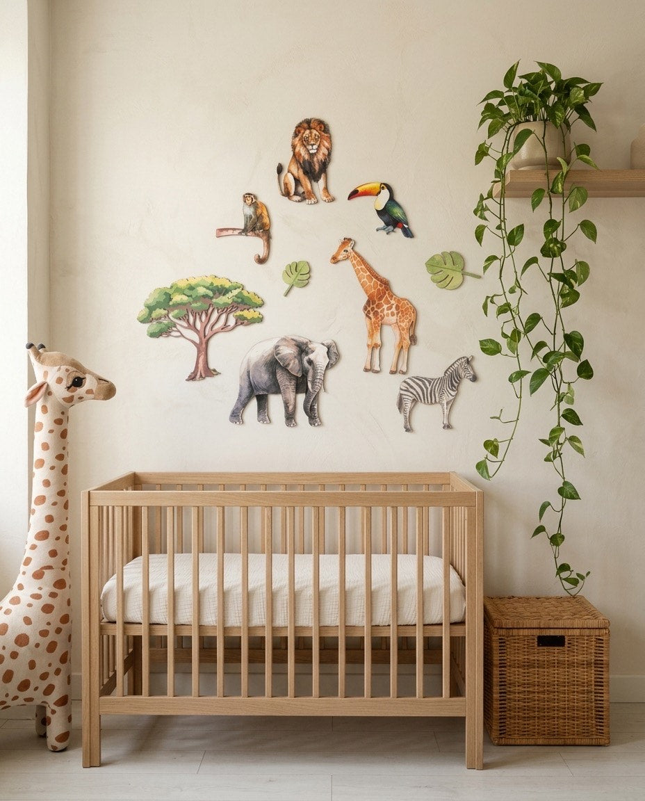 Birch wooden wall art in a nursery